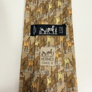 Hermes Mens Tie Horses Bronze/Brown/Yellow/Orange Silk 7368 PA 3.25" x 56.5" euc